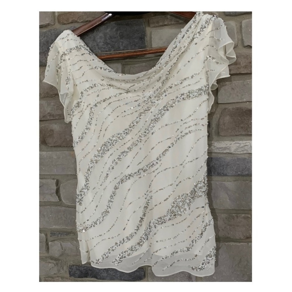 JKARA Beaded Sequin Chiffon Blouse White Silver Cowl Neck Vintage Y2K Retro M